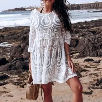 Солнцезащитное платье с круглым вырезом и половиной рукавом, струящимся подолом и открытой спиной, прозрачное кружевное бикини с вышивкой, пляжная одежда белый