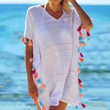 Солнцезащитное платье с V-образным вырезом, короткими рукавами и боковыми разрезами, с полосатым принтом и кисточками зелёный