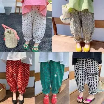 Солнцезащитные брюки с цветочным принтом в стиле ретро для девочек - средняя талия, универсальные, антимоскитные хлопковые пляжные брюки 90 cm