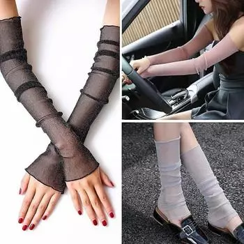 Солнцезащитные кружевные перчатки с манжетой, летние женские рукава для рук и ног с защитой от ультрафиолета, длинная манжета для девочек чёрный