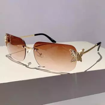 Солнцезащитные очки-бабочки для женщин, прямоугольные Y2K, винтажные солнцезащитные очки без оправы, очки из анти-УФ-сплава, UV400 серый