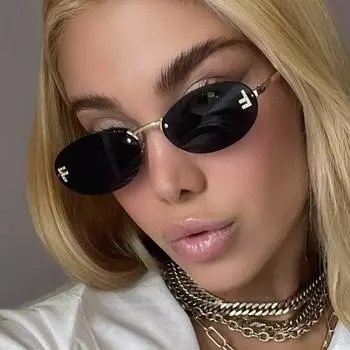 Солнцезащитные очки без оправы с буквой F, овальные винтажные солнцезащитные очки с маленькой оправой, женские модные металлические солнцезащитные очки As shown in the picture