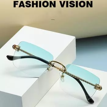 Солнцезащитные очки без оправы с квадратным срезом, новые металлические изогнутые линзы из жареного теста, зеркальные ножки, мужские и женские уличные модные солнцезащитные очки с перекрестными границами чёрный