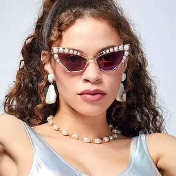 Солнцезащитные очки кошачий глаз с полым жемчугом и треугольником, женские популярные солнцезащитные очки в винтажном стиле с металлическими панковскими очками