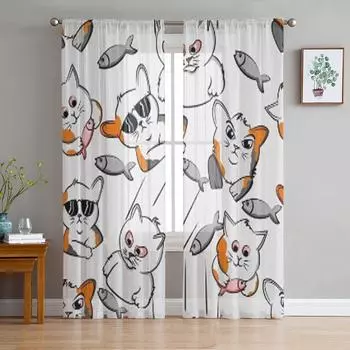 Солнцезащитные очки с изображением кота, котенка, рыбы, котенка, прозрачные тюлевые шторы с рисунком для гостиной, кухни, декор, вуаль, занавеска из органзы 135W x 114H(cm)