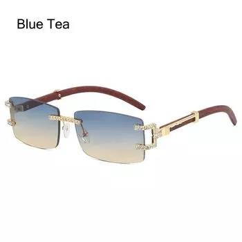 Солнцезащитные очки в стиле панк с прямоугольными бриллиантами, винтажные безрамные деревянные квадратные очки со стразами, мужские очки для пляжных путешествий, уличная одежда Blue Tea