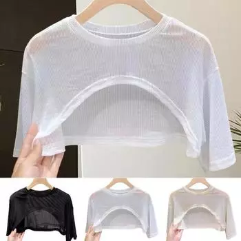 Солнцезащитные топы женские футболки с коротким рукавом и круглым вырезом однотонные тонкие повседневные топы с эффектом перспективы S белый
