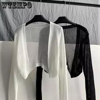 Солнцезащитный кардиган, тонкое женское вязаное пальто, перспективное короткое верхнее пальто с длинным рукавом, простой повседневный базовый тонкий новый модный сезон весна-лето S 35-45kg чёрный