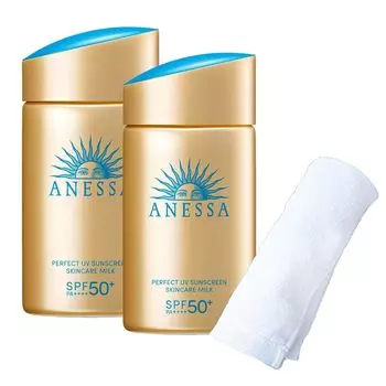 Солнцезащитный крем Anessa 60 мл x 2 Perfect UV Skin Care Milk NA Original Hand Towel входит в комплект 2024 Genuine [Выпущено / Продукт] белый