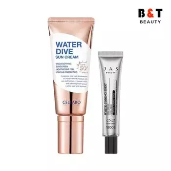 Солнцезащитный крем Cellabo Water Dive 60 г + тонизирующий крем Jas White Toning Shot Freckle Cream 15 мл, один товар