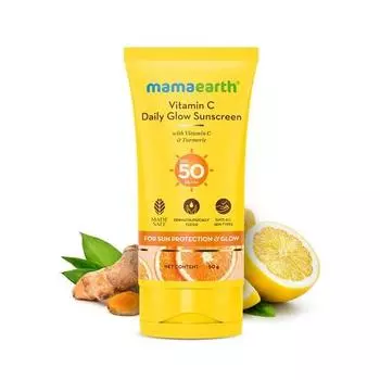 Солнцезащитный крем Mamaearth Vitamin C Daily Glow с витамином C и куркумой для защиты от солнца и сияния кожи - 50 г | SPF 50 PA++++ | Без белого оттенка | Легкий