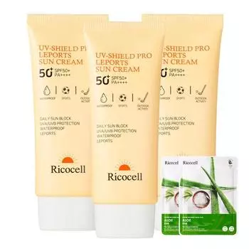 Солнцезащитный крем Ricocell Leisure Sports, 3 шт., SPF50+ PA++++, водостойкий, гипоаллергенный, семейный, бесплатный подарок, 70 мл