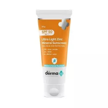 Солнцезащитный крем с ультралегким цинком и минералами Derma Co I с SPF 50 PA+++ I Водо- и потоустойчивый | Защита от UVA, UVB и синего света I Легкий - 50 г