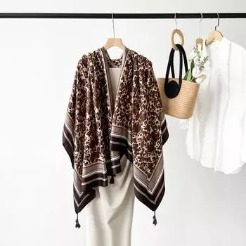 Солнцезащитный шарф с леопардовым принтом кофейного цвета для женщин, модная европейская и американская шаль с узором «гусиная лапка», имитация хлопка и льна, высококачественный шарф с кисточками 180*90cm