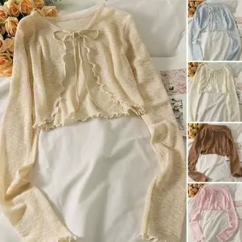 Солнцезащитный трикотажный кардиган для женщин с завязками спереди, длинными рукавами, прозрачной сеткой, пляжной накидкой с оборками и тонкими рубашками с защитой от ультрафиолета кофейный