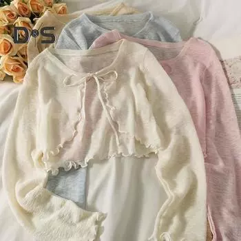 Солнцезащитный трикотажный кардиган для женщин с завязками спереди, длинными рукавами, прозрачной сеткой, пляжной накидкой с оборками и тонкими рубашками с защитой от ультрафиолета кофейный