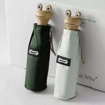 Солнцезащитный зонт для женщин с защитой от ультрафиолета, лягушка с деревянной ручкой, симпатичные зонтики от солнца, ветрозащитный карманный мини-зонт 420T чёрный