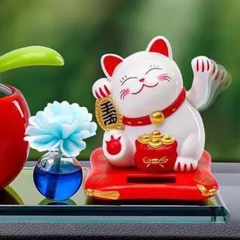 Солнечная энергия Maneki Neko Lucky Cat Машет рукой Приветствие Призывает Удачу Украшения Дома Офиса Автомобиля Украшения Аксессуары чёрный