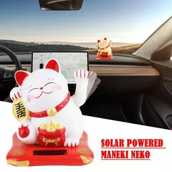 Солнечная энергия Maneki Neko Lucky Cat Приветствующий китайский Lucky Cat Машет рукой, Призывая Статуэтки Удачи для Домашнего Декора белый