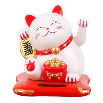 Солнечная энергия Maneki Neko Lucky Cat Приветствующий китайский Lucky Cat Машет рукой, Призывая Статуэтки Удачи для Домашнего Декора белый