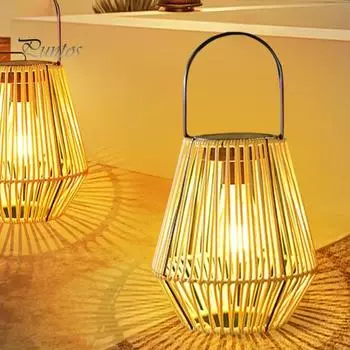 Солнечная бамбуковая лампа из ротанга с датчиком освещенности, автоматическое включение/выключение, IP65, водонепроницаемая, в стиле ретро, декоративный солнечный фонарь ручной работы, декор