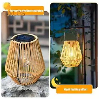 Солнечная бамбуковая лампа из ротанга с датчиком освещенности, автоматическое включение/выключение, IP65, водонепроницаемая, в стиле ретро, декоративный солнечный фонарь ручной работы, декор B