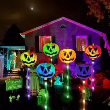 Солнечная батарея 1, 6 лампочек для тыквы, верхние бусины, разноцветный свет, тыква в виде лица привидения, подходит для Хэллоуина, сада во дворе, украшения ландшафта 1 Drag 6 Jack-o -lantern-colorful