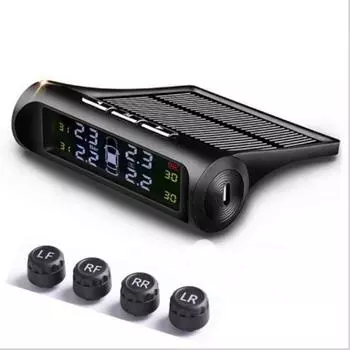 Солнечная беспроводная система контроля давления в шинах автомобиля TPMS с 4 датчиками, инструмент для проверки давления в шинах, цифровой ЖК-дисплей чёрный