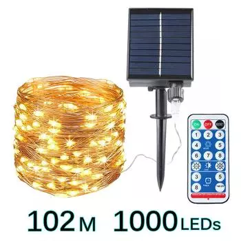 Солнечная гирлянда из медной проволоки, гирлянды на солнечных батареях, уличные гирлянды, лампы для патио, кемпинга, террасы, вечерние украшения 12M 100LED теплый белый