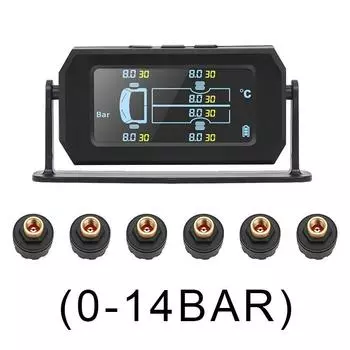 Солнечная и USB зарядка TPMS Авто Грузовик Беспроводная цифровая ЖК-сигнализация Система контроля давления в шинах с 6 внешними датчиками 0-9bar чёрный