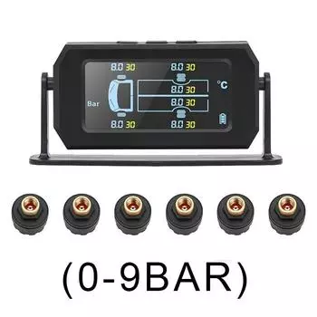 Солнечная и USB зарядка TPMS Авто Грузовик Беспроводная цифровая ЖК-сигнализация Система контроля давления в шинах с 6 внешними датчиками 0-9bar чёрный
