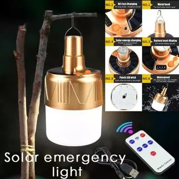 Солнечная лампа для кемпинга, солнечная светодиодная лампа, перезаряжаемая от USB, 5 режимов освещения, подвесная лампа для палатки, для походов на открытом воздухе, аварийное отключение Gold - No Remote Control