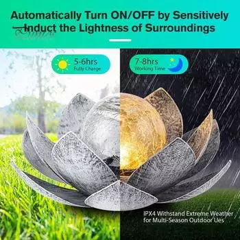 Солнечная лампа Lotus Light, автоматическое включение/выключение IP55, водонепроницаемый беспроводной дизайн, солнечная садовая лампа, украшение для лужайки, патио, улицы серебряный