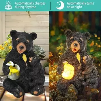 Солнечная лампа-медведь, статуэтка, защита от непогоды, открытый сад, двор, патио, лужайка, светодиодная банка меда, статуя медведя из смолы, скульптура, украшение, светильник чёрный