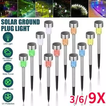 Солнечная садовая лампа из нержавеющей стали, меняющая цвет, светодиодная солнечная дорожка, пейзажная лампа, уличный солнечный свет для газона, декор для патио, 3/6/9 упаковок 3Packs stainless steel теплый желтый