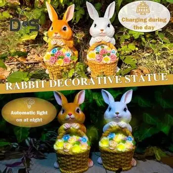 Солнечная садовая статуэтка кролика с 5 светодиодными лампами, цветочная корзина, уличная смоляная фигурка кролика, украшение для патио, двора, лужайки, пасхальное украшение жёлтый