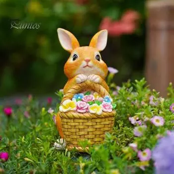 Солнечная садовая статуэтка кролика с 5 светодиодными лампами, цветочная корзина, уличная смоляная фигурка кролика, украшение для патио, двора, лужайки, пасхальное украшение белый