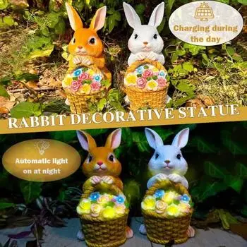 Солнечная садовая статуэтка кролика с 5 светодиодными лампами, цветочная корзина, уличная смоляная фигурка кролика, украшение для патио, двора, лужайки, пасхальное украшение жёлтый