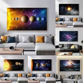 Солнечная система Картина на холсте Настенное искусство Картины с планетами Космос Астронавт Плакаты Печать для декора гостиной Прикроватное искусство Cuadros Без рамки 20*40cm No Frame