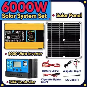 Солнечная система Комбинация 6000 Вт Инвертор 30 А Контроллер 200 Вт Солнечная панель 12 В до 220 В/110 В Умная зарядка и разрядка Кемпинг 220V оранжевый