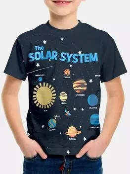 Солнечная система Космос Галактика Черная футболка для мальчиков Детская одежда Детская одежда для мальчиков Верхние рубашки Топы с коротким рукавом 2025 Ребенок 100
