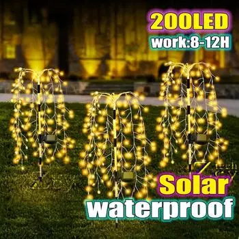 Солнечная светодиодная гирлянда, уличный солнечный светильник для ив, 200 светодиодных декоративных фонарей, 8 режимов освещения, садовая терраса, дорожка 1pc 200LED-warm