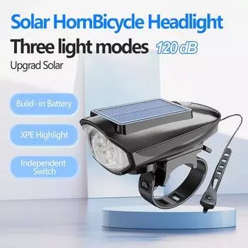 Солнечная велосипедная фара с 120 децибел звуковым сигналом 80 метров видимый прожектор дальность действия USB/солнечная перезаряжаемая светодиодная лампа велосипедное освещение чёрный