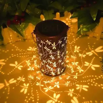 Солнечная железная полая лампа с металлическим цилиндрическим каркасом, фонарь-стрекоза, уличный водонепроницаемый садовый декор, подвесной светильник темно-коричневого