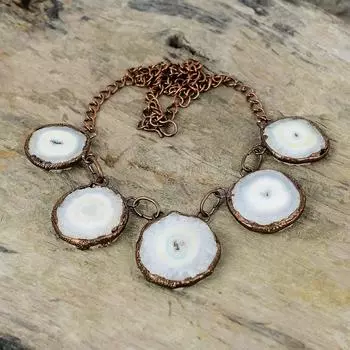 Солнечное Кварцевое Ожерелье Друзи, Ожерелье из медной гальванопластики, Ожерелье с регулируемой цепочкой, Ювелирные изделия, изготовленные гальваническим методом, Ожерелье из драгоценных камней, Ювелирные изделия ручной работы