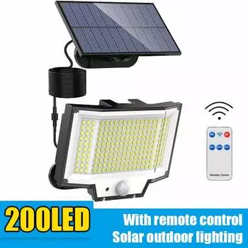 Солнечное наружное освещение с дистанционным управлением 200 светодиодов Освещение лампы на солнечной энергии Автоматическая зарядка Датчик движения Освещение Разделенный корпус 1pcs