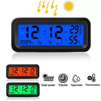 Солнечные автомобильные часы Автомобильные электронные светодиодные цифровые часы Термометр Гигрометр Дисплей Время с подсветкой сзади Автомобильные аксессуары