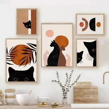 Солнечные чаши Черные кошки Холст Картина Абстрактная постер в стиле бохо Комната Настенное искусство Детская минималистская нейтральная картина с принтом для домашнего декора 21x30cm No Framed