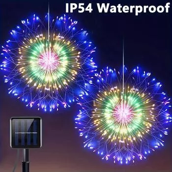 Солнечные фейерверки, подвесные звездные огни на солнечных батареях, 200 светодиодов, подвесные одуванчики из медной проволоки, потолочные украшения в виде звезд 2pcs-120LEDs теплый белый