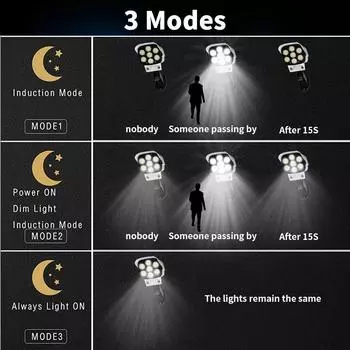 Солнечные фонари, водонепроницаемые, датчик движения, муляж камеры, 77 светодиодов, солнечный прожектор, настенный уличный внешний солнечный светильник, садовое освещение